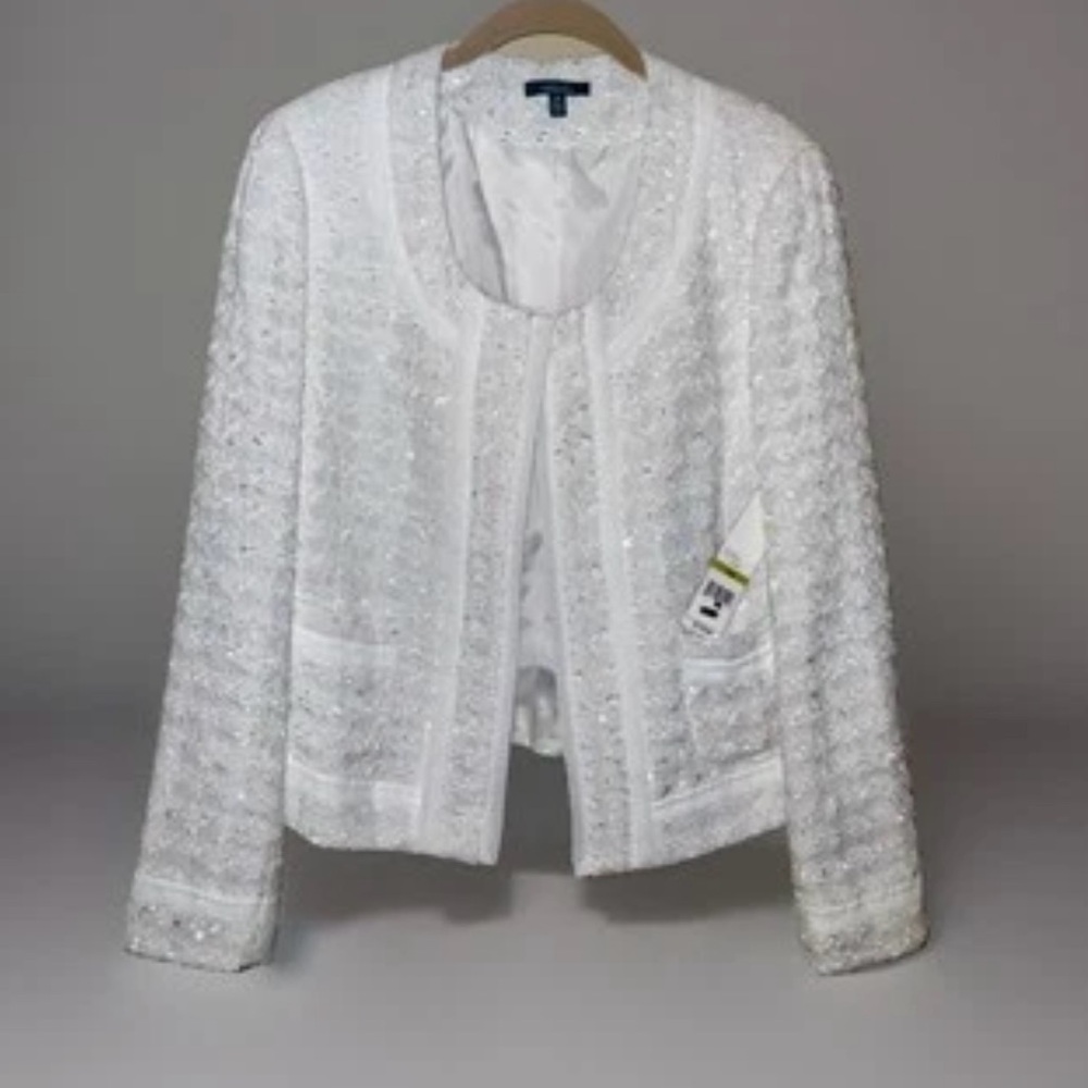 Rafaella White Textured Tweed Collarless Jacket
